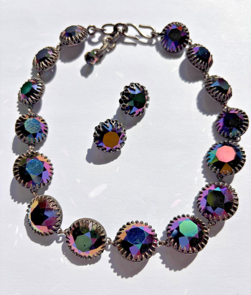 Vintage Rhinestone Bracelet Earring Black Diamond Aurora Borealis Crown AB